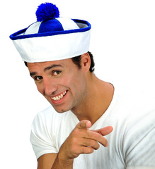Modro-bílý látkový klobouček plavčík s bambulkou